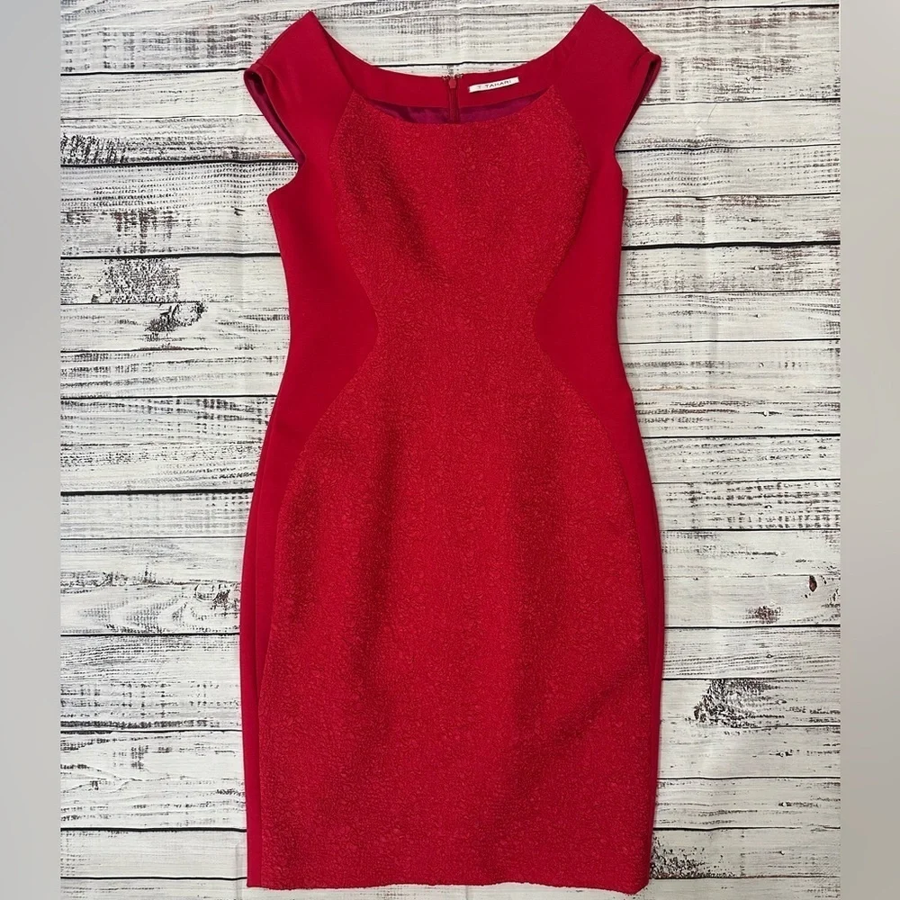 T Tahari Red Cap Sleeve Sheath Midi Dress Cocktail Sz. 4